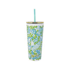 Tumbler with floral design and straw on a white background