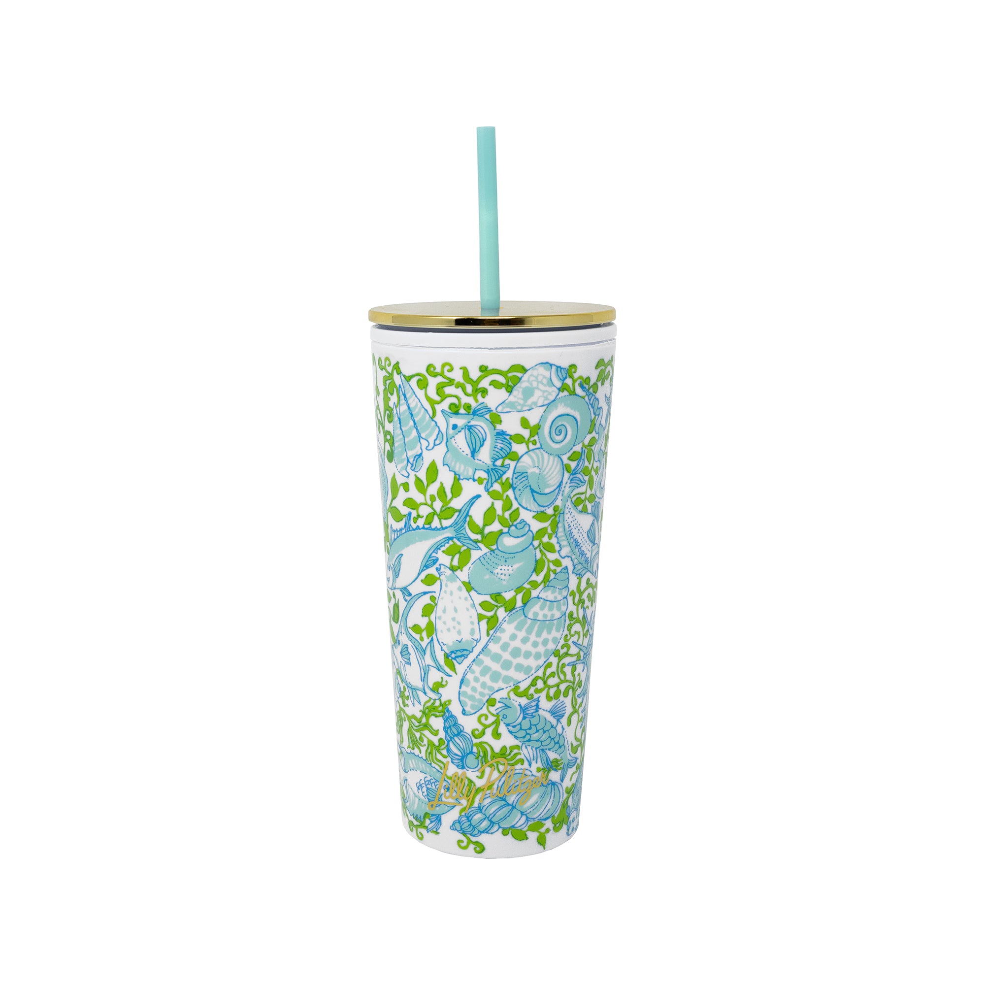 Tumbler with floral design and straw on a white background