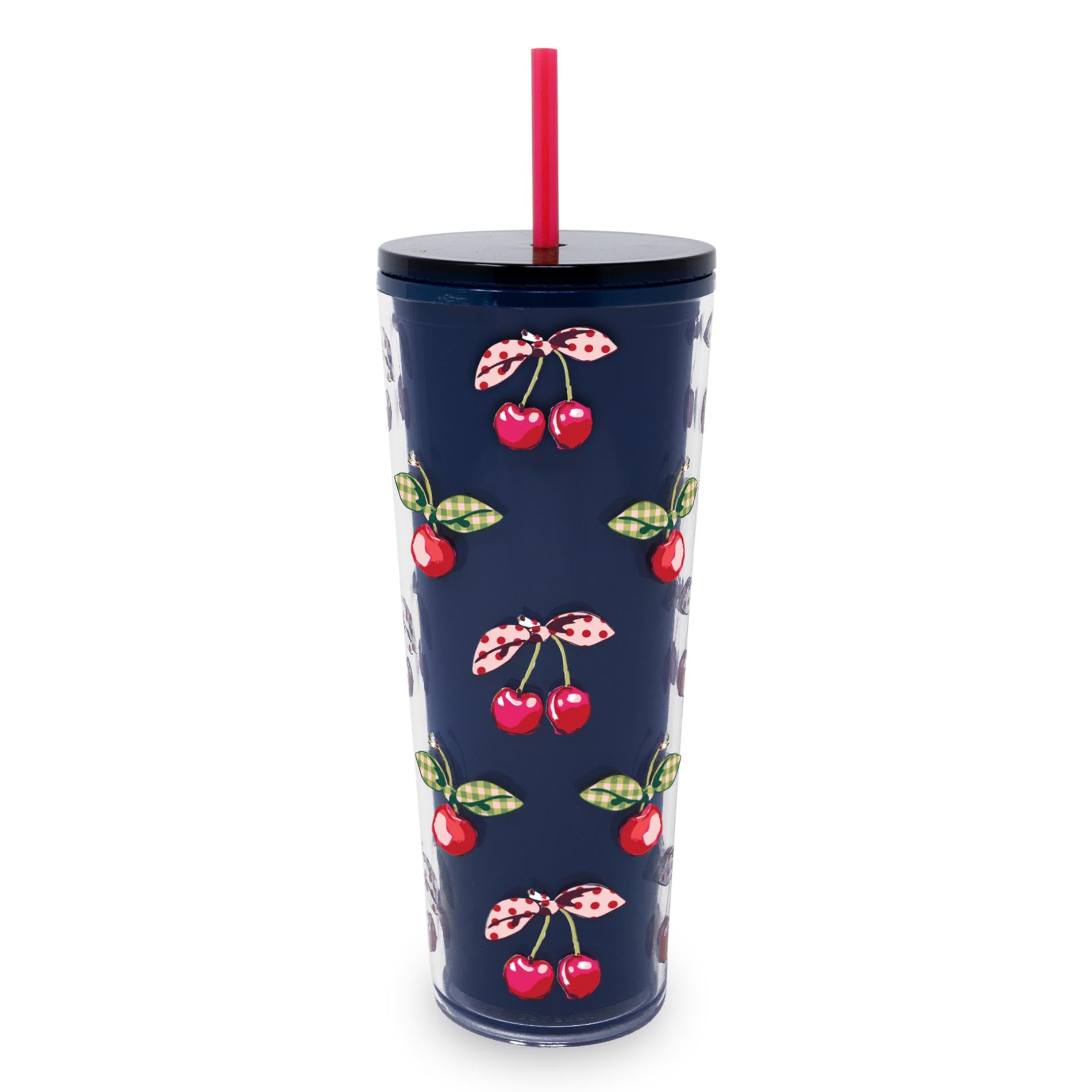 Navy blue tumbler with cherry pattern and red straw on a white background