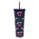 Navy blue tumbler with cherry pattern and red straw on a white background