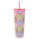 Colorful tumbler with shell pattern and pink lid on a white background