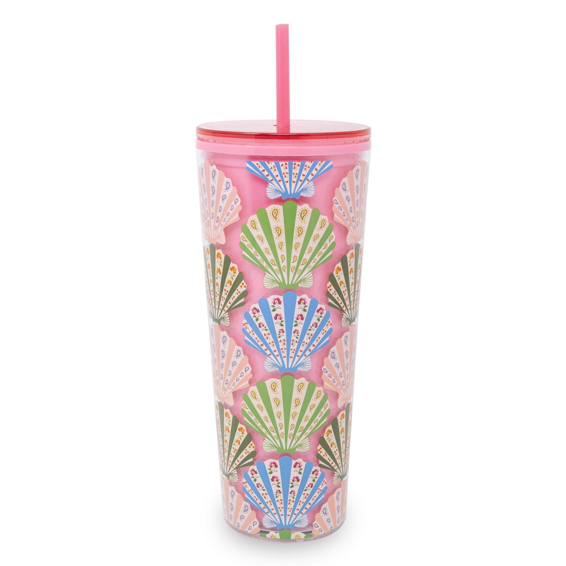 Colorful tumbler with shell pattern and pink lid on a white background