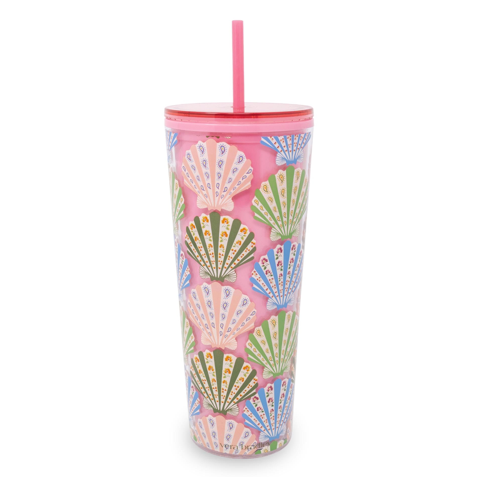 Tumbler with colorful shell pattern and pink lid on a white background