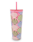 Tumbler with colorful shell pattern and pink lid on a white background