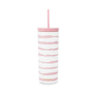 Tumbler with pink and white striped design on a white background