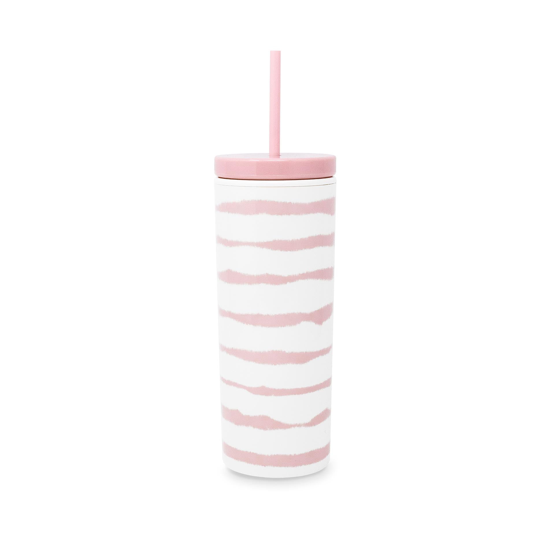 Tumbler with pink and white striped design on a white background