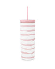 Tumbler with pink and white striped design on a white background