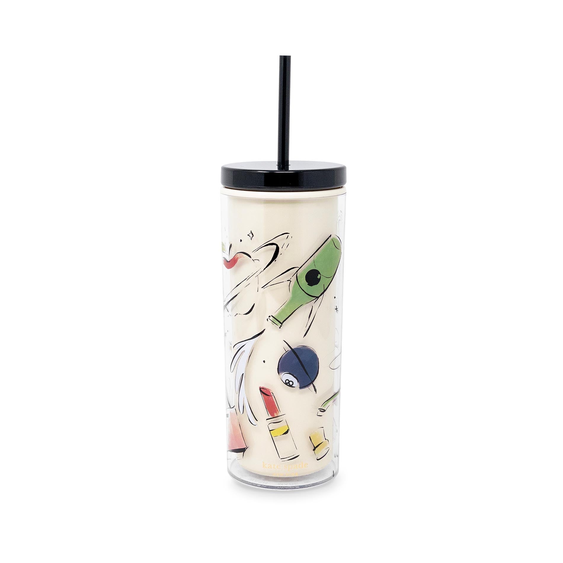Tumbler with a colorful design of lipsticks and a rocket on a white background