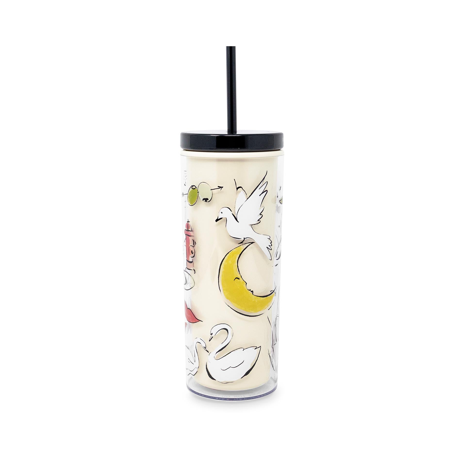 Tumbler with bird illustrations on a white background