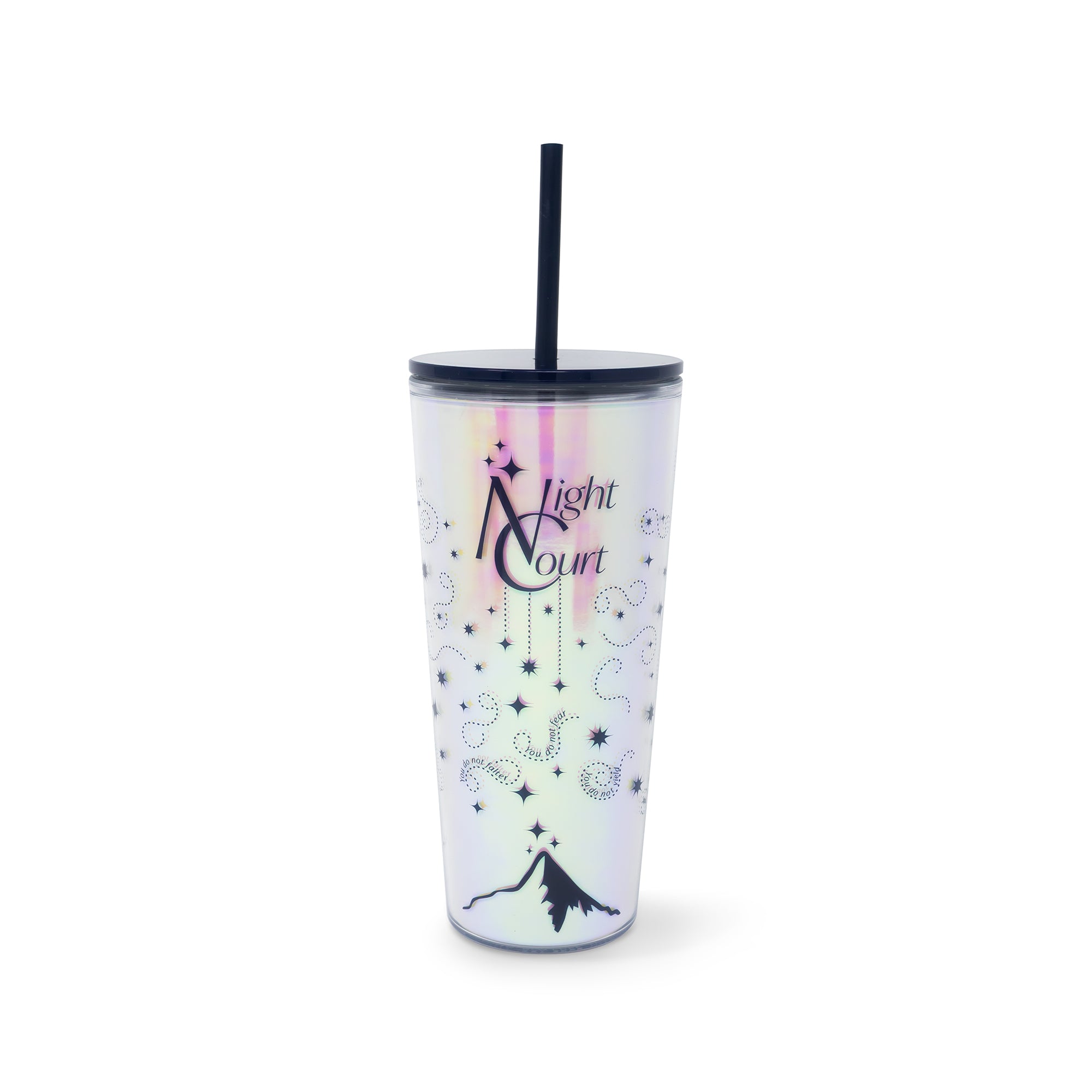 Tumbler with 'Night Court' design on a white background