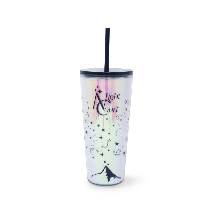 Tumbler with 'Night Court' design on a white background