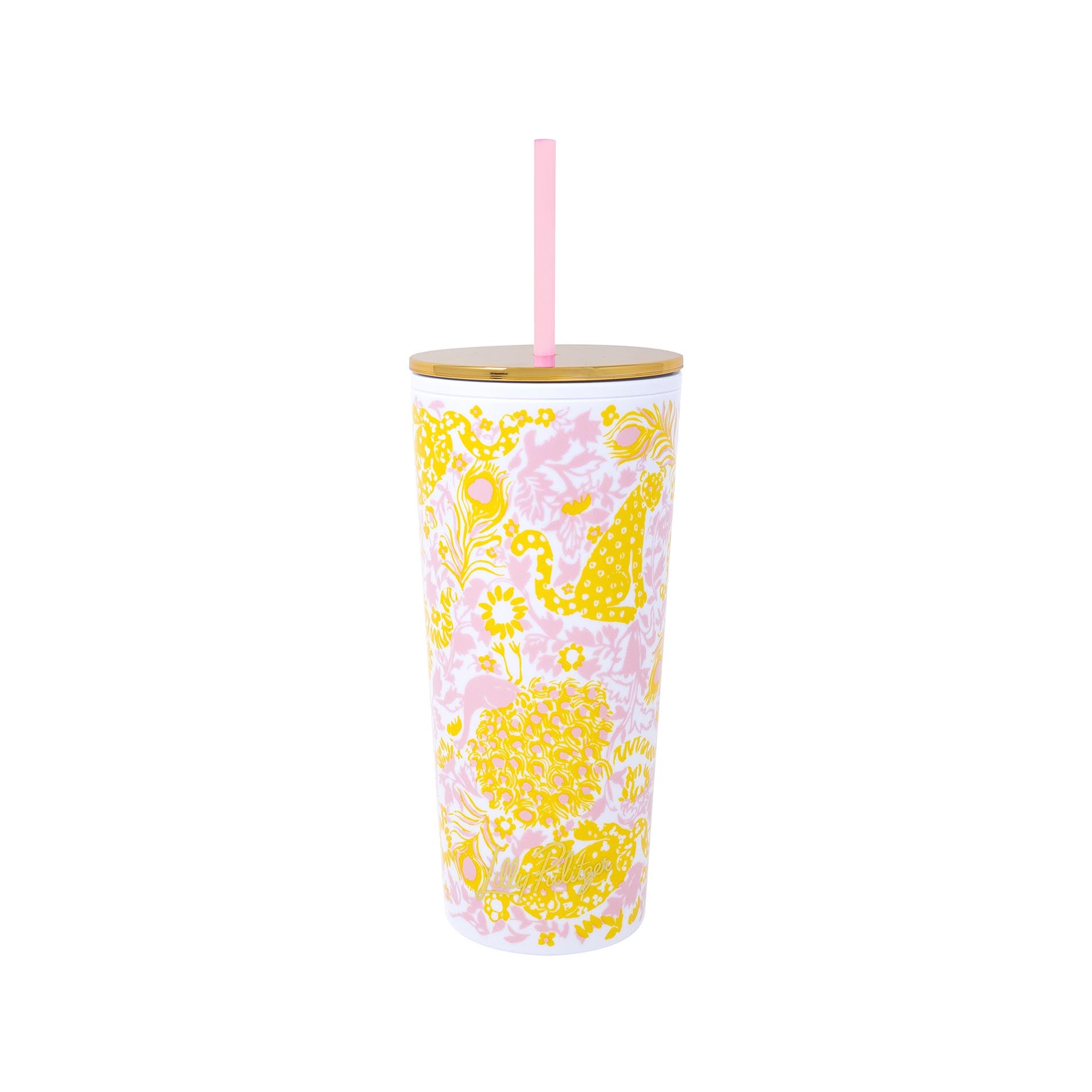 Tumbler with yellow floral pattern on a white background