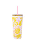 Tumbler with yellow floral pattern on a white background