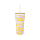 Tumbler with yellow floral pattern on a pink background