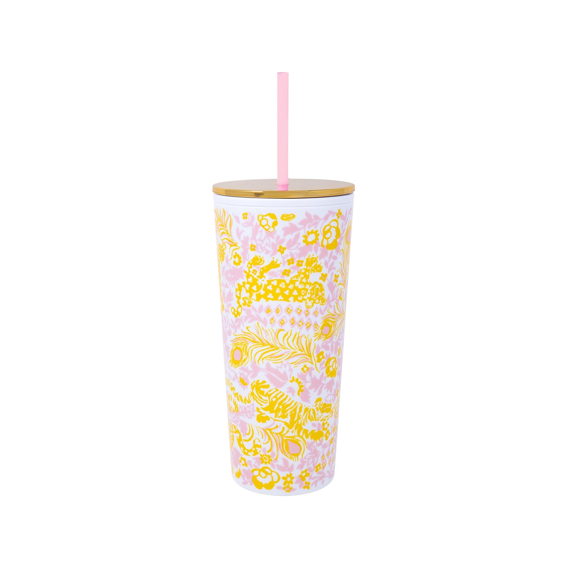 Tumbler with yellow floral pattern on a pink background