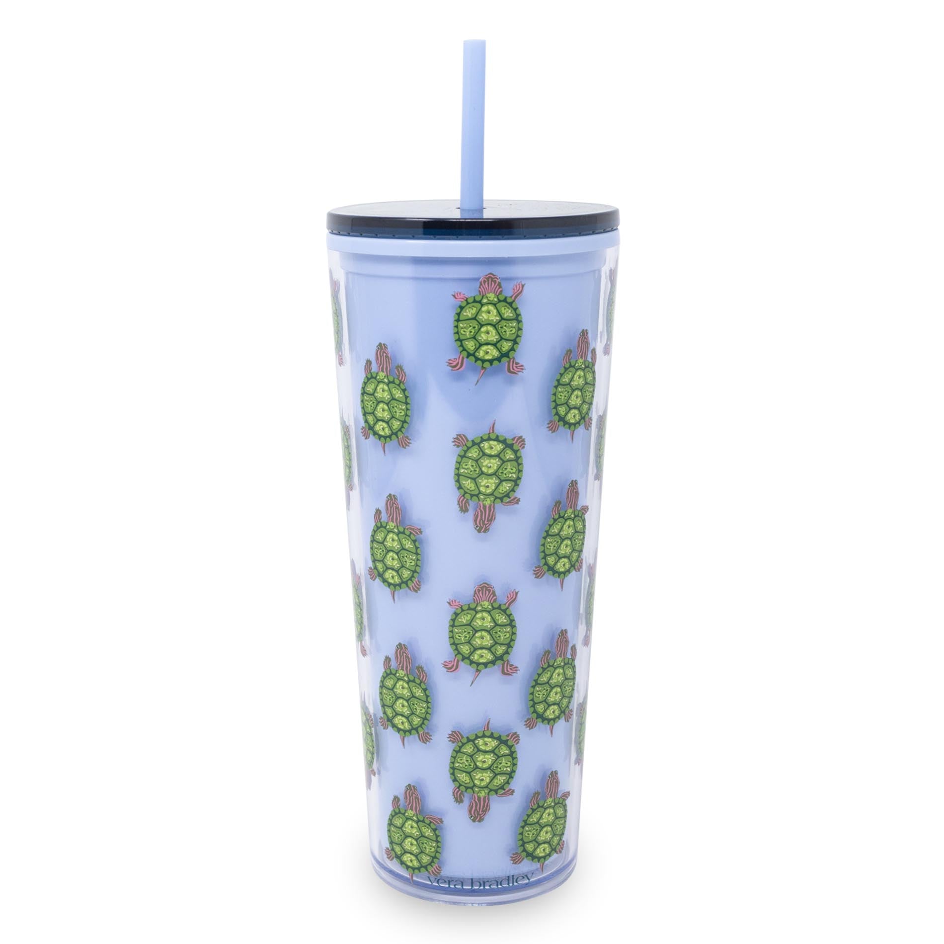 Clear tumbler with green turtle pattern on a light blue background