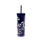 Navy tumbler with floral pattern and straw on a white background
