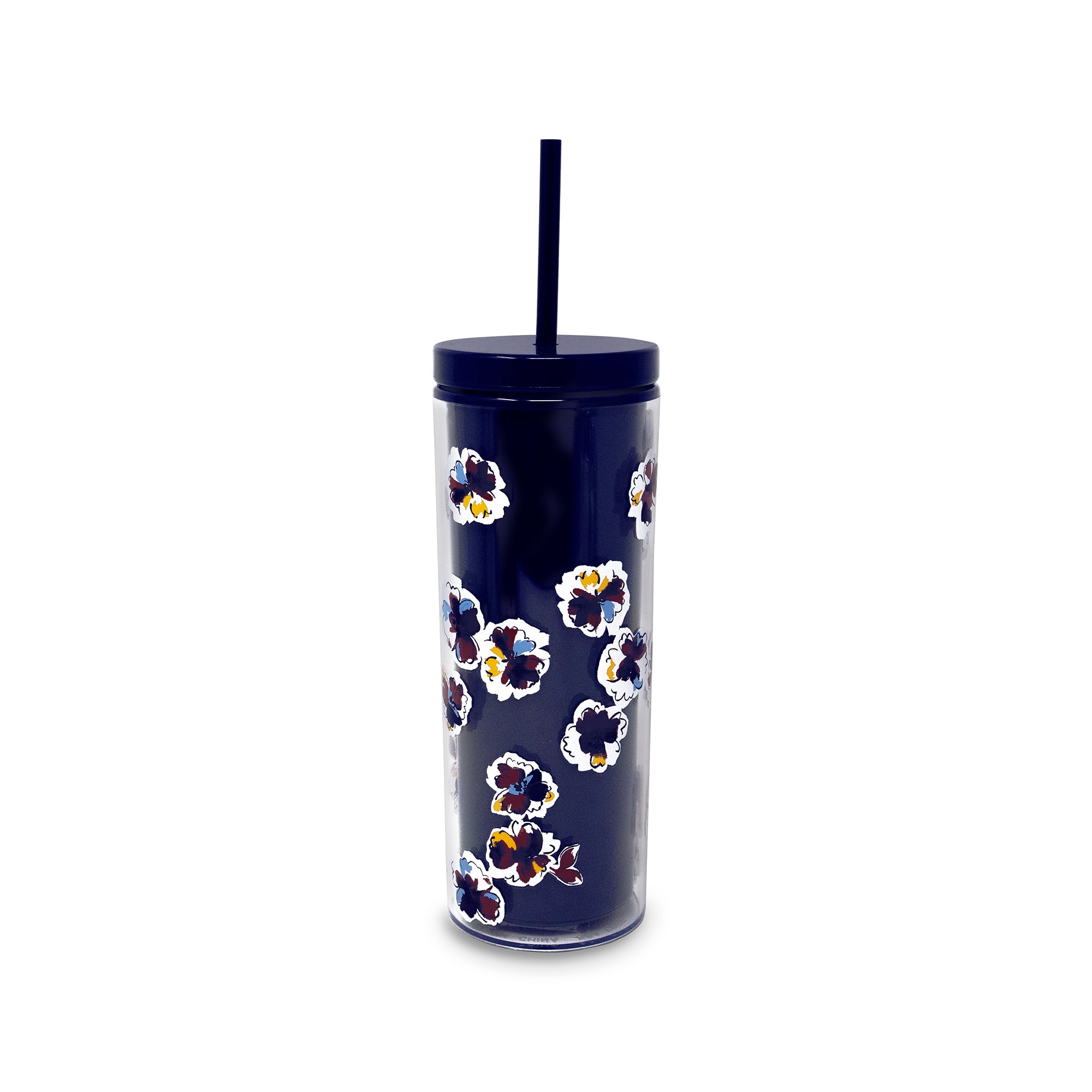 Navy tumbler with floral pattern and straw on a white background