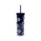 Navy tumbler with floral pattern and straw on a white background