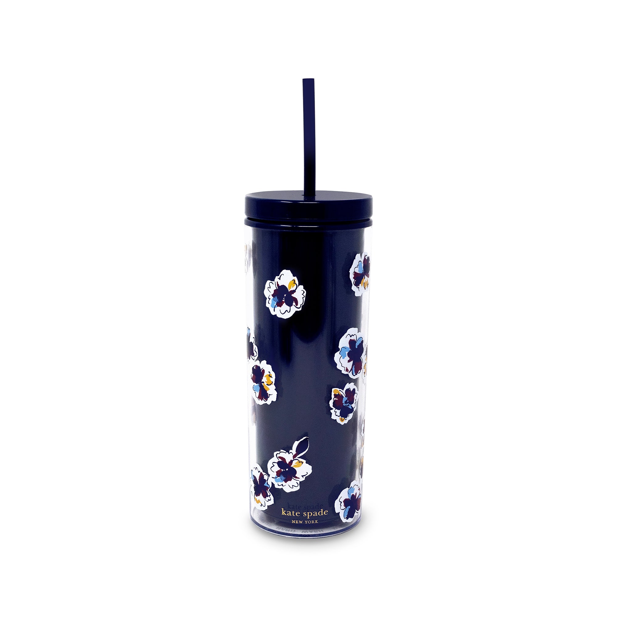 Navy tumbler with floral pattern and straw on a white background