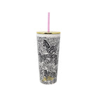 A tall insulated tumbler with a lid and pink straw, featuring a black and white zebra print on a white background with a small gold logo near the bottom.