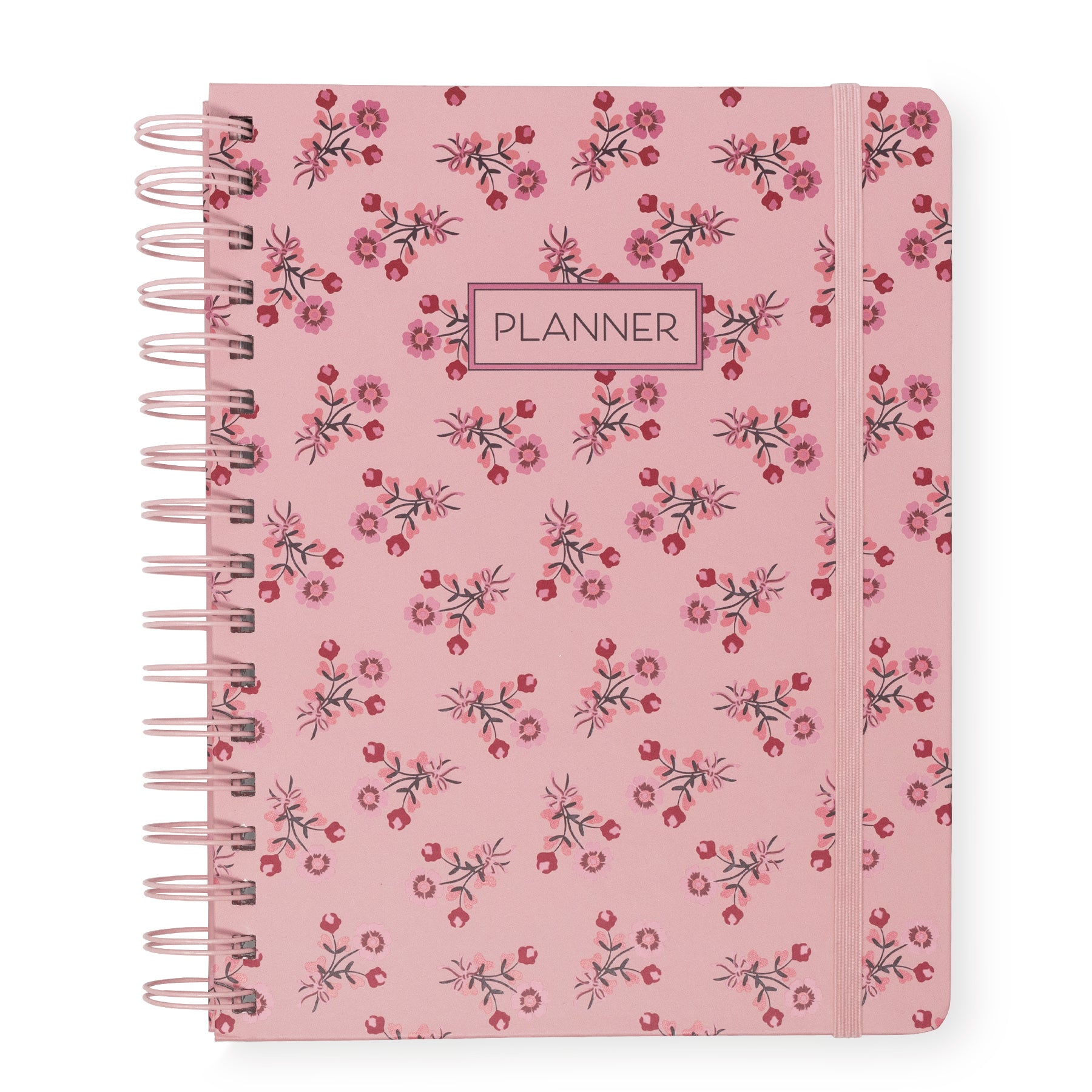 A pink spiral-bound planner with a delicate pink and red floral pattern, featuring a central label that reads 'PLANNER' and an elastic closure band.