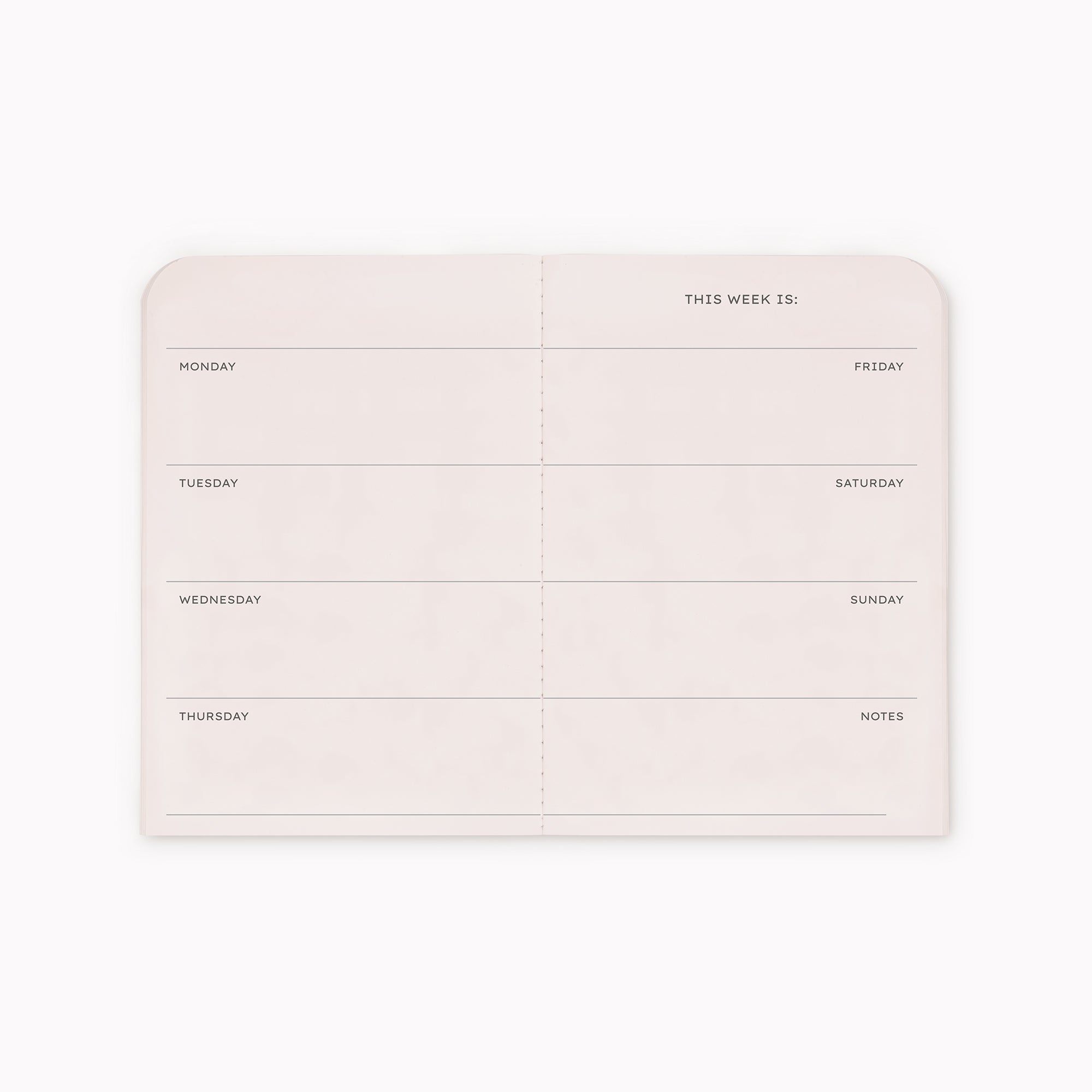 A light blush pink weekly planner insert or notepad page with rounded corners, featuring labeled sections for Monday through Friday, Saturday and Sunday, and a notes column under the heading 'THIS WEEK IS'.
