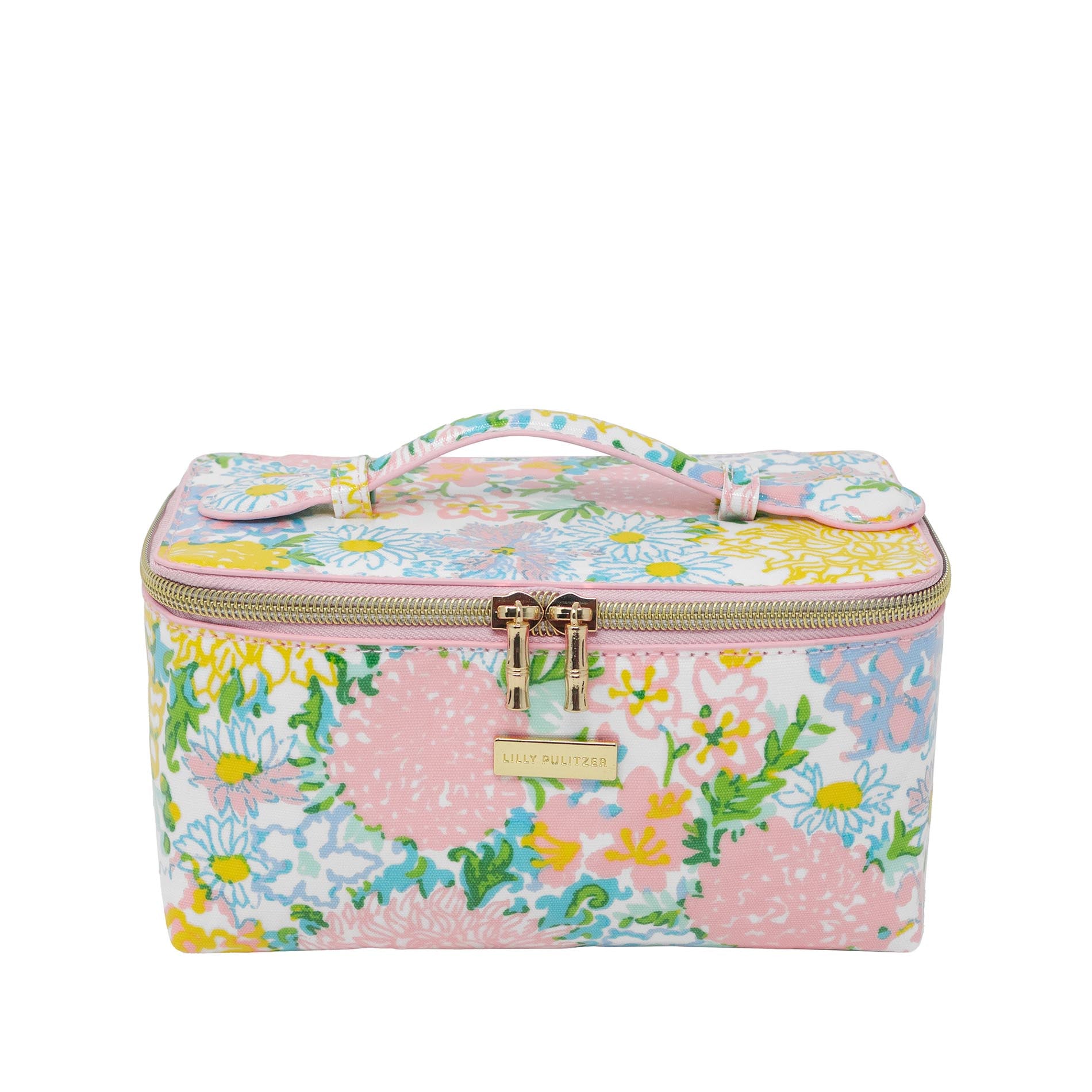 Floral patterned makeup bag with pink accents on a white background