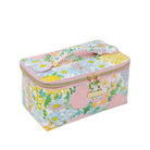 Floral patterned makeup bag with pink accents on a white background