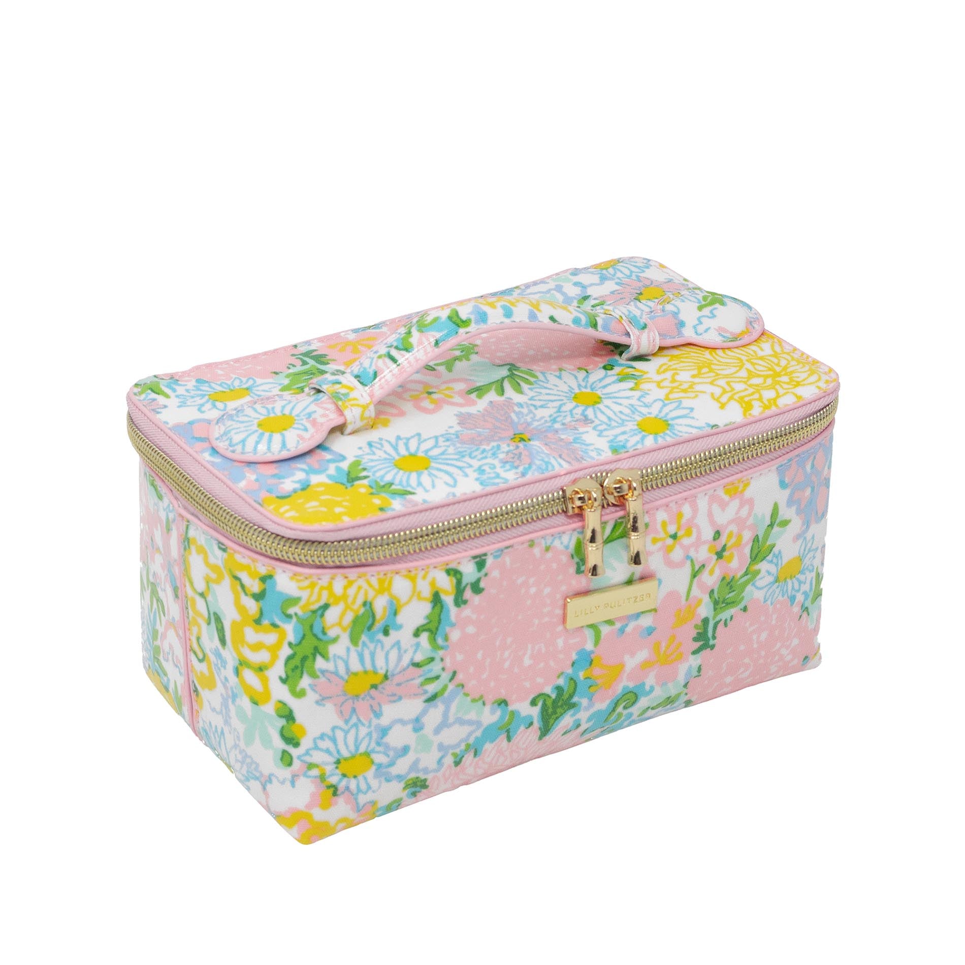 Floral patterned makeup bag with pink accents on a white background