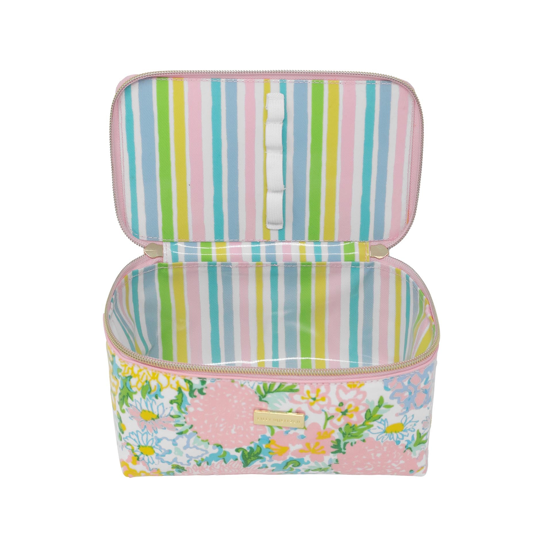 Colorful striped interior of floral patterned makeup bag with pink accents on a white background