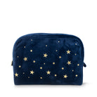 Navy blue pouch with gold star patterns on a white background