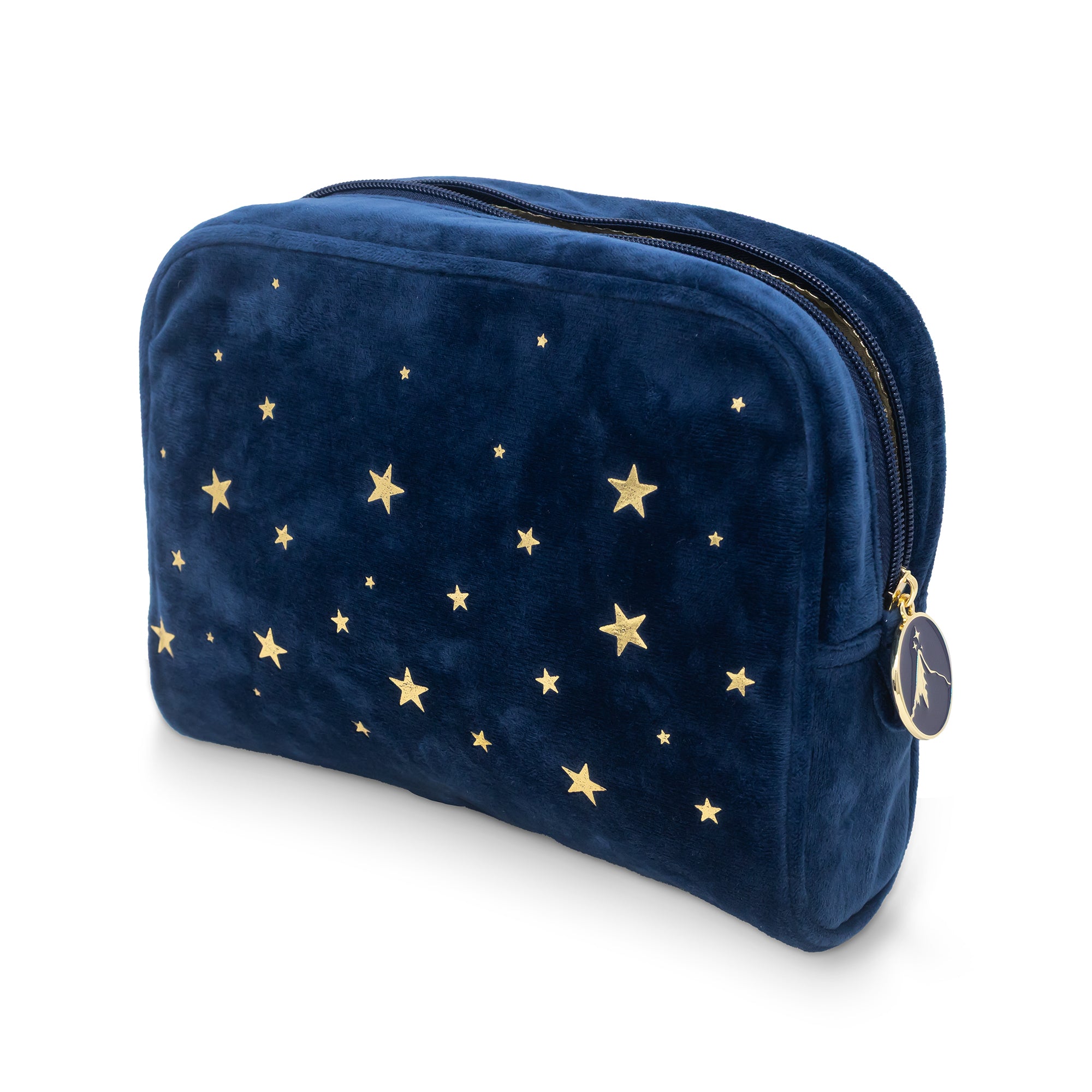 Blue pouch with gold star patterns on a white background