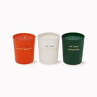 Three scented candles in matte-colored glass candles on a white background: a burnt orange candle labeled Winterberry, a white candle labeled Celebration, and a dark green candle labeled Juniper.