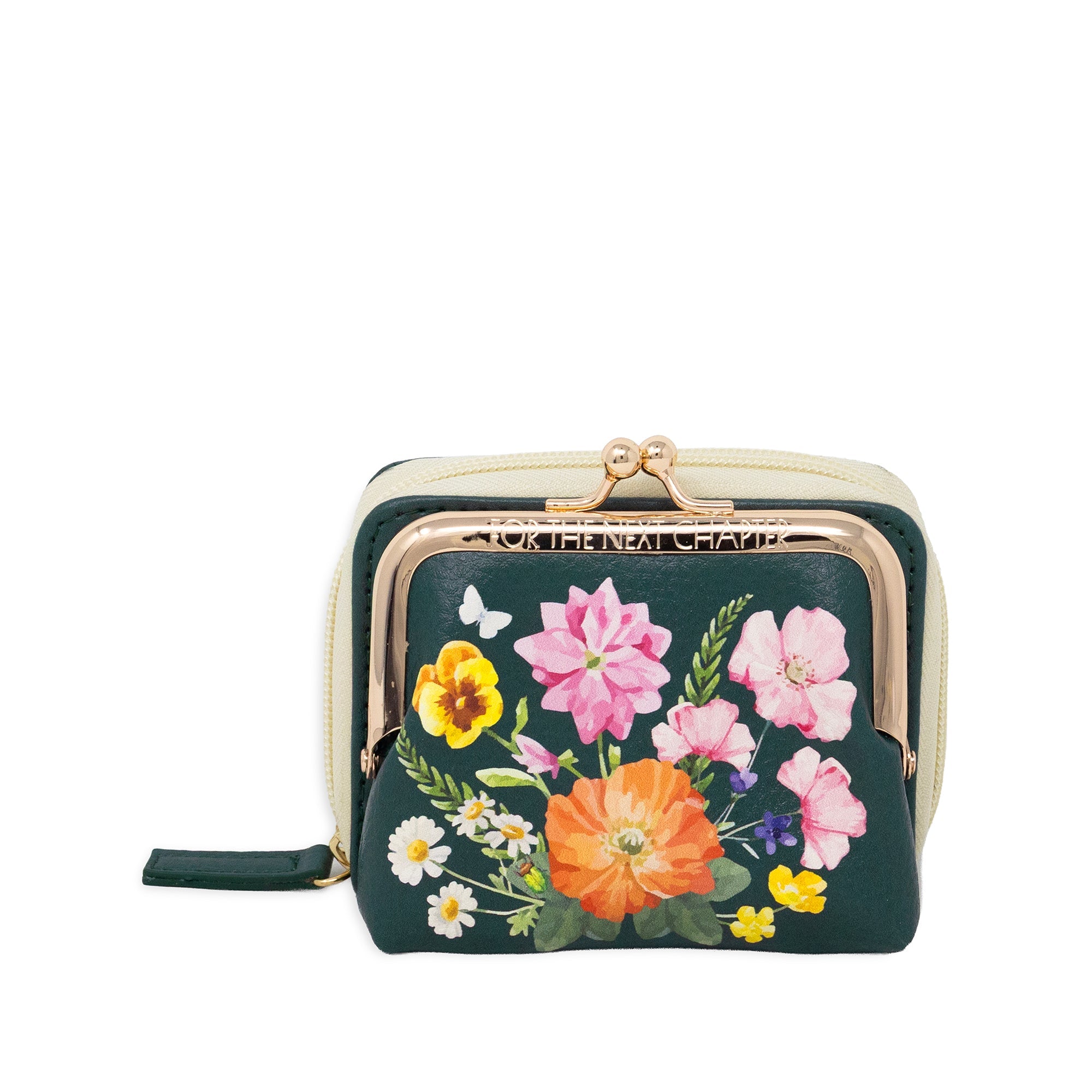 A small kiss-lock coin purse with a cream-colored frame and zipper, featuring a dark green front panel decorated with a colorful floral print of pink, orange, yellow, and white flowers.