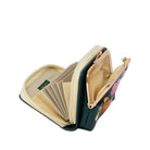 An open dark green and beige wallet with a floral print on the exterior, gold-tone metal frame, and cream-colored interior card slots, shown on a white background.