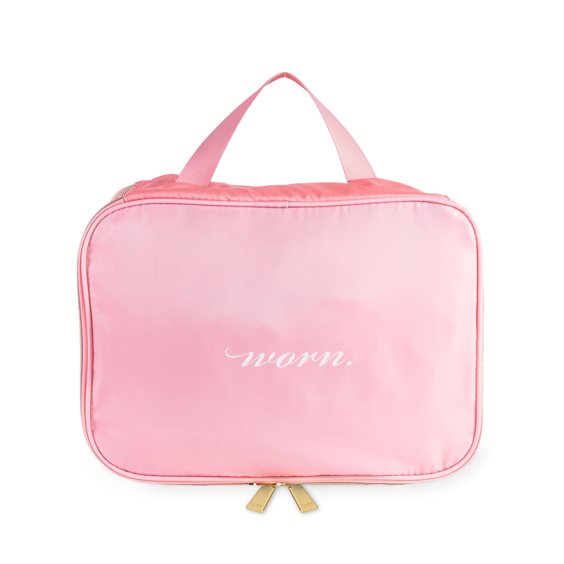 Pink travel bag with 'worn.' text on a white background