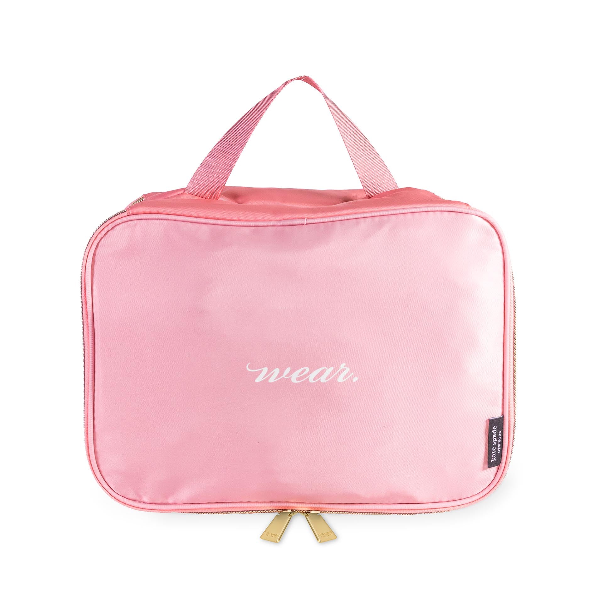 Pink travel bag with 'wear' text on a white background