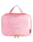 Pink travel bag with 'wear' text on a white background