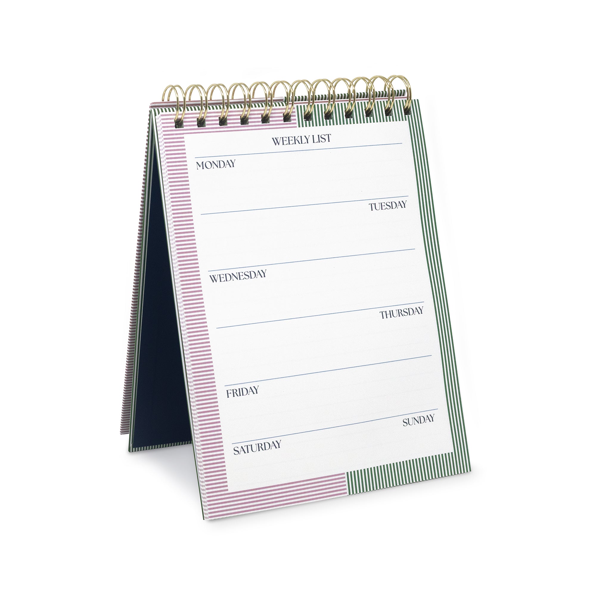 Weekly planner with a spiral binding on a white background