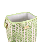 A square cooler bag with a green and pink striped pattern, featuring a light green zipper trim, a gold-tone metal handle