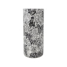 A tall cylindrical vase featuring a detailed black and white illustration of various zebras and tigers amidst dense foliage, set against a plain white background.