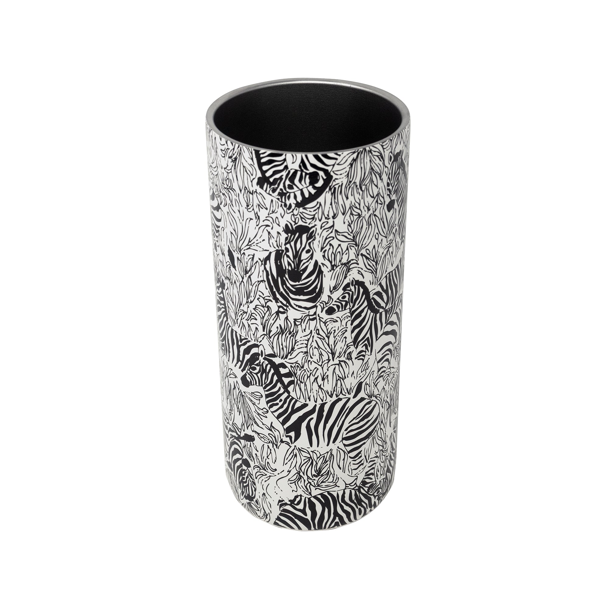 A tall cylindrical metal container with a black and white zebra and jungle animal pattern, shown on a plain white background.