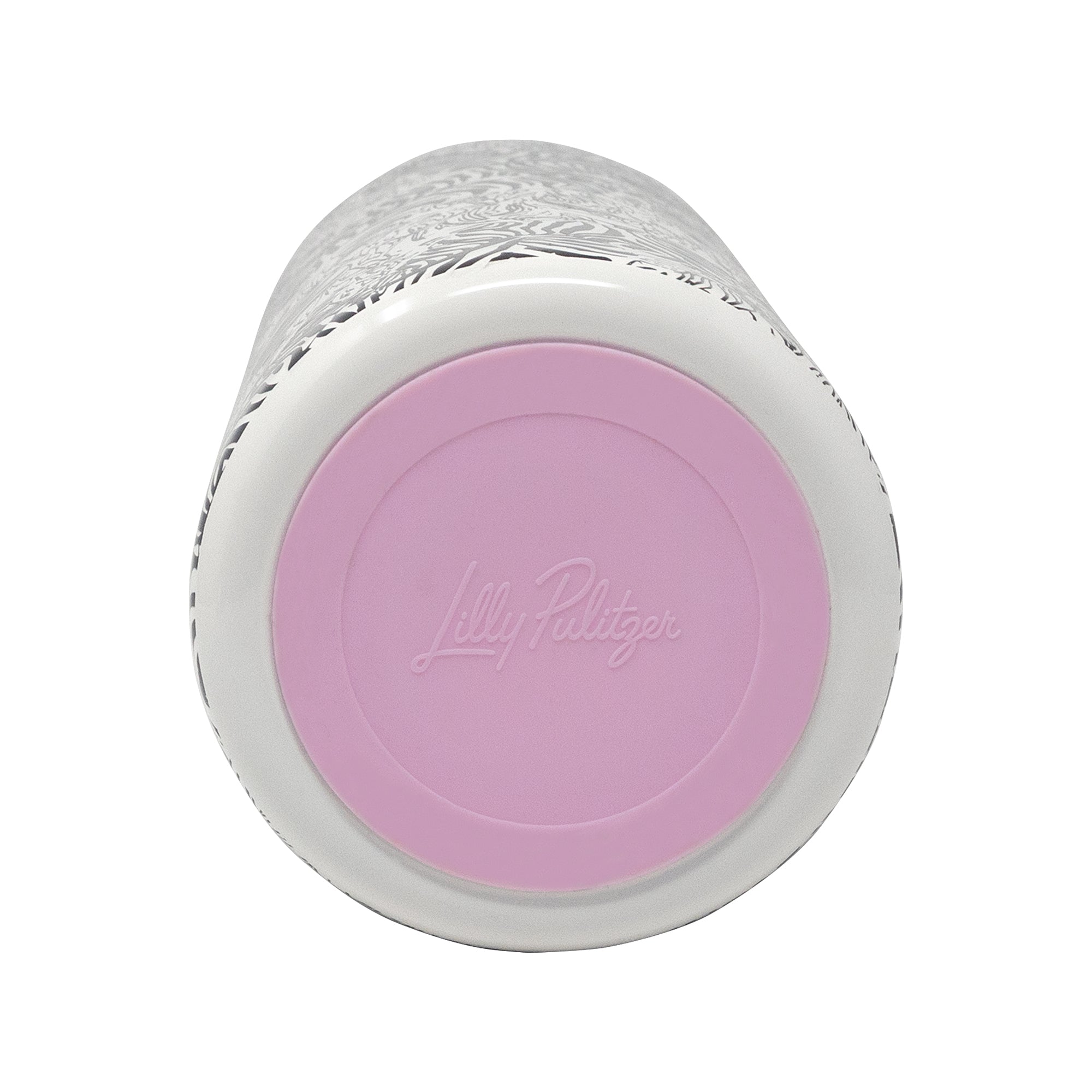 A top-down view of a cylindrical container, showing a light pink circular base with the embossed brand name 'Lilly Pulitzer' in white, surrounded by a white rim and a white patterned cap.