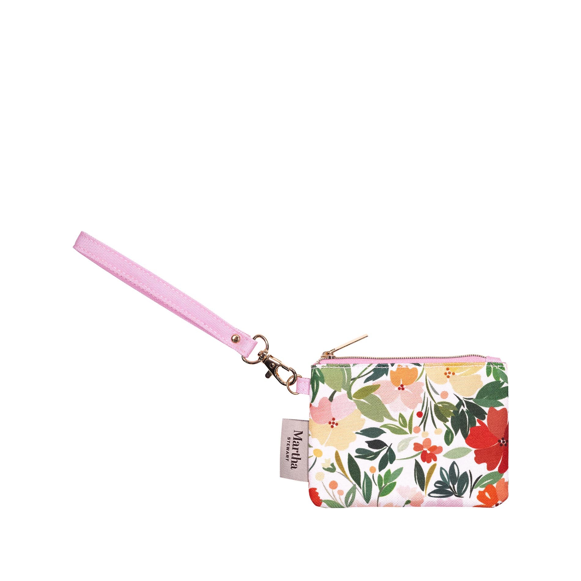 Floral-patterned pouch with a pink strap on a white background