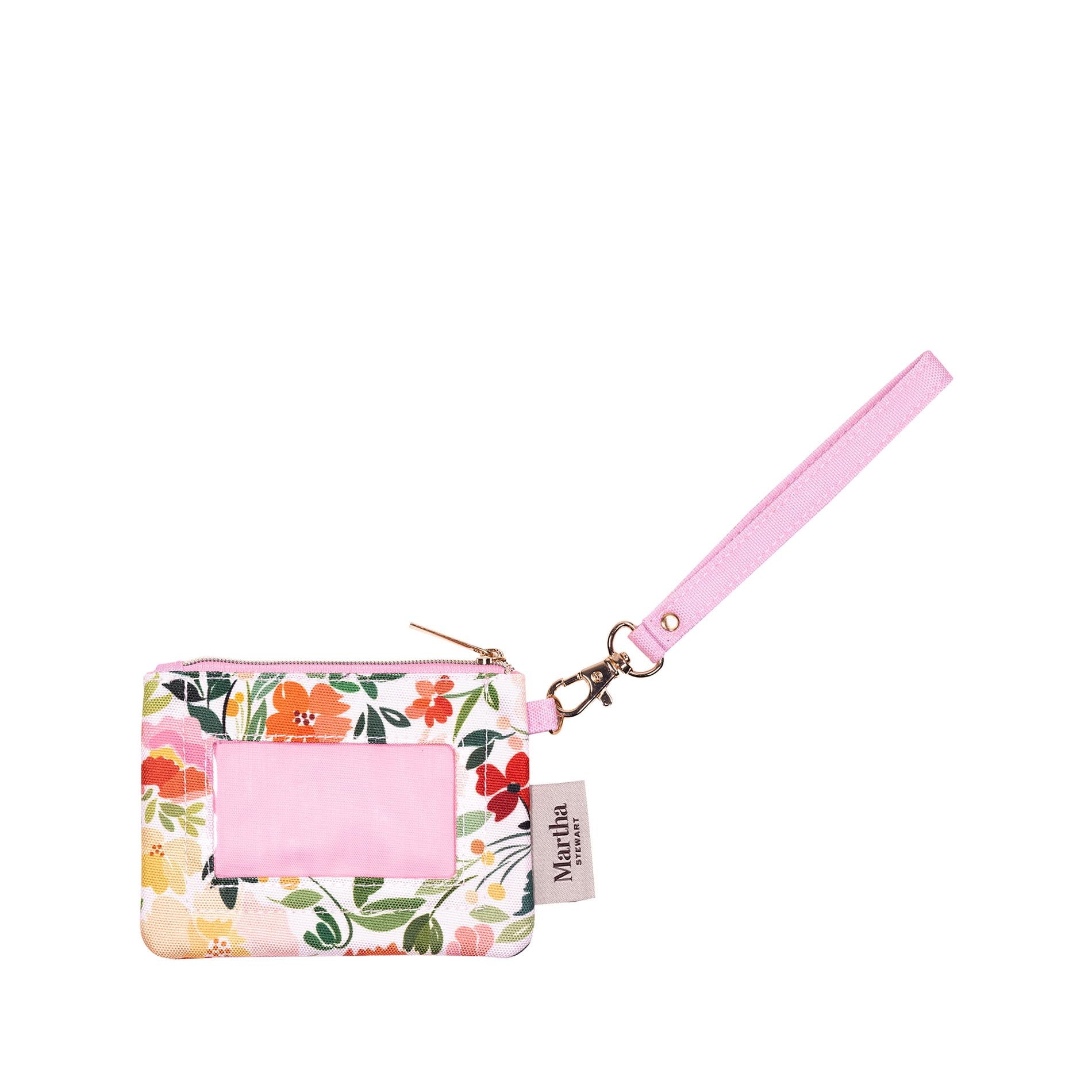 Floral wristlet with pink strap on a white background