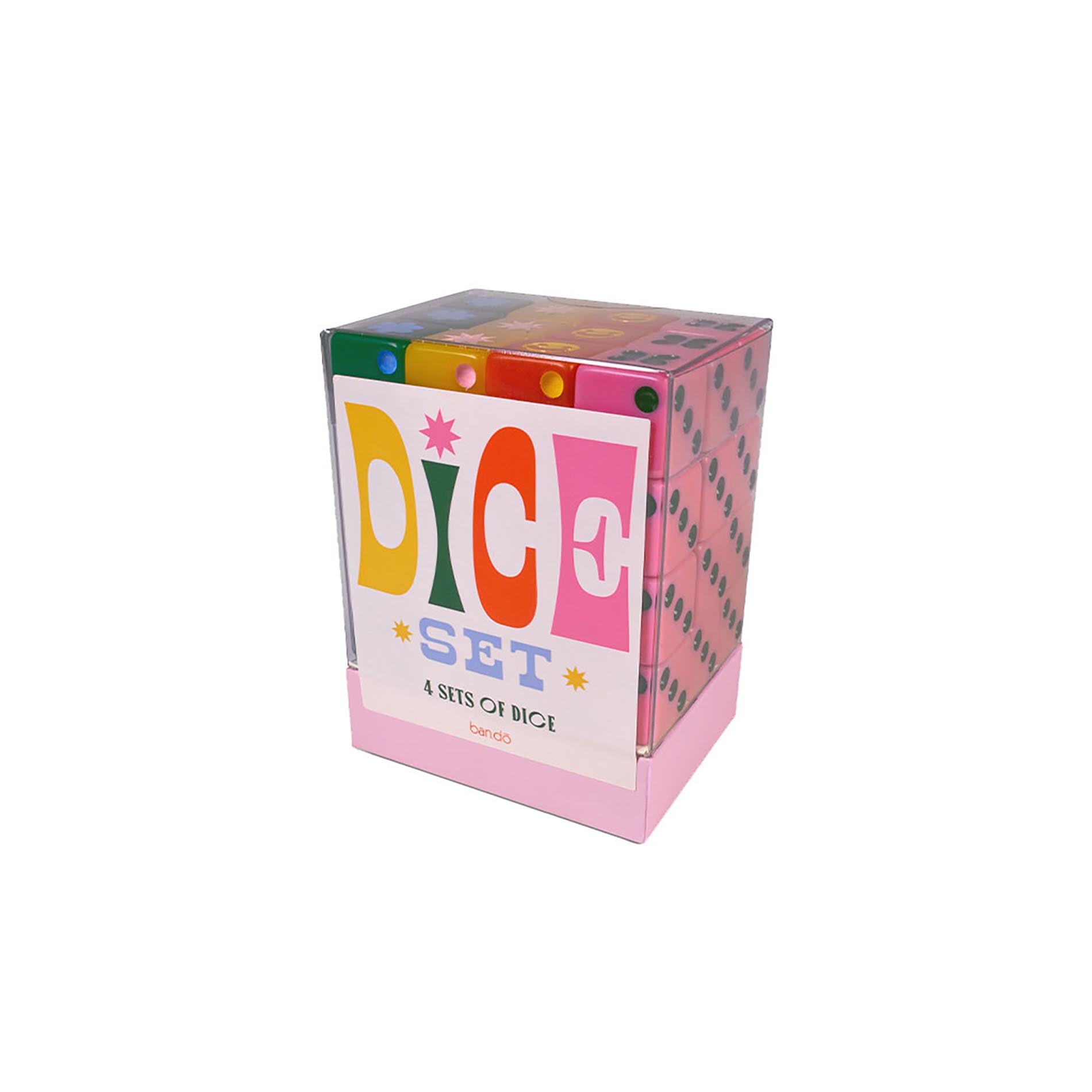 Box of dice set with colorful text on a white background