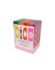 Box of dice set with colorful text on a white background
