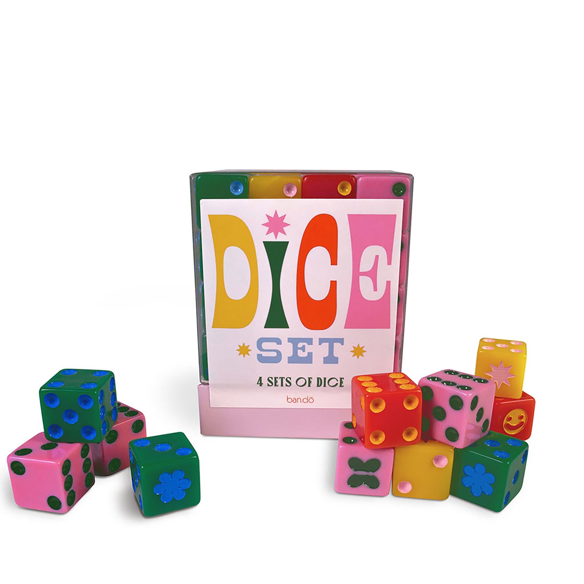 Colorful dice set with a box labeled 'Dice Set' on a white background