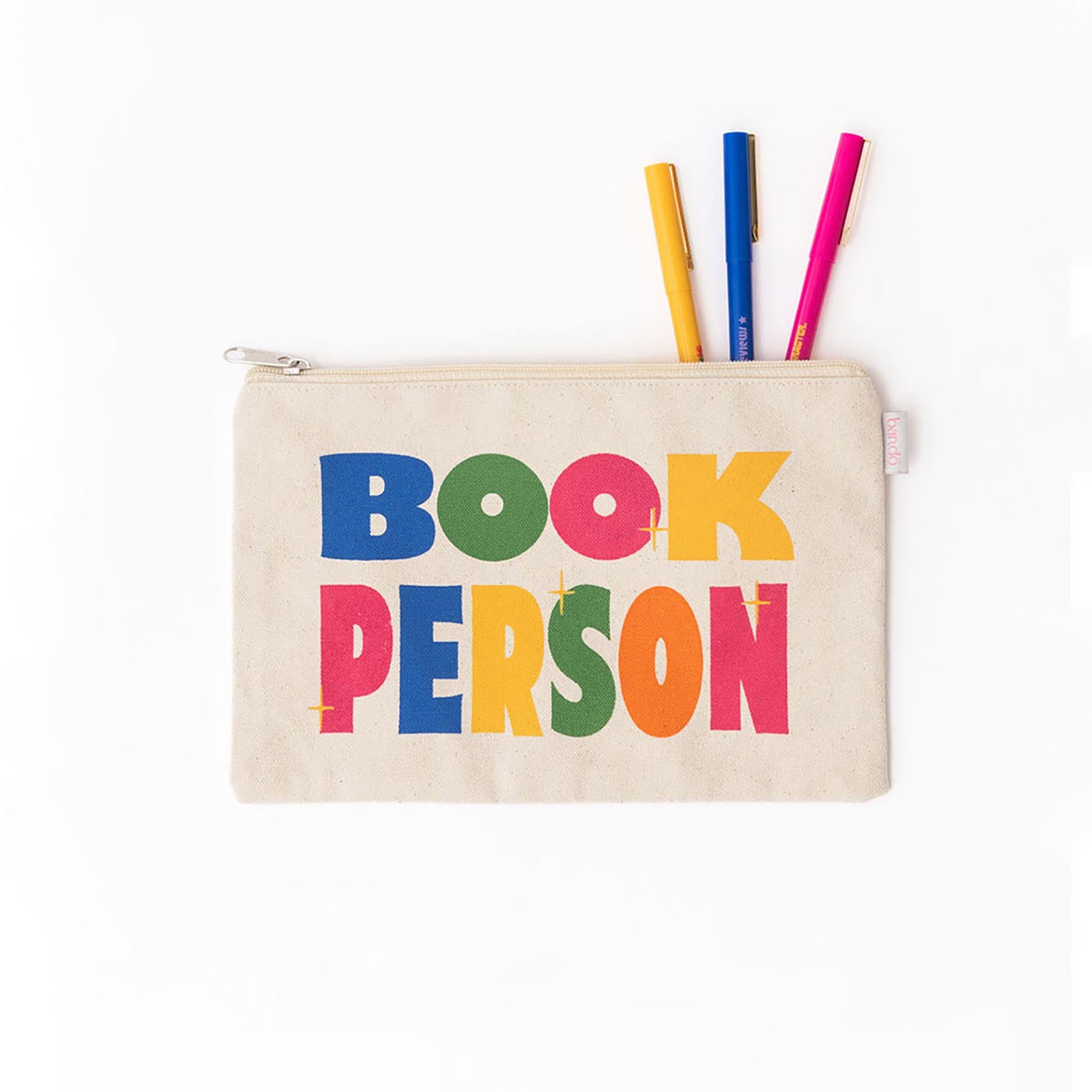 Pouch with 'Book Person' text and colorful pens on a white background